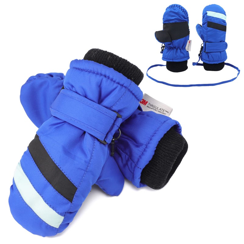 F Flammi Toddler Kids Snow Mittens with String Waterproof Ski Mittens Thinsulate Winter Gloves for Baby Girls Boys(Blue, 4-6 Years) - Image 1